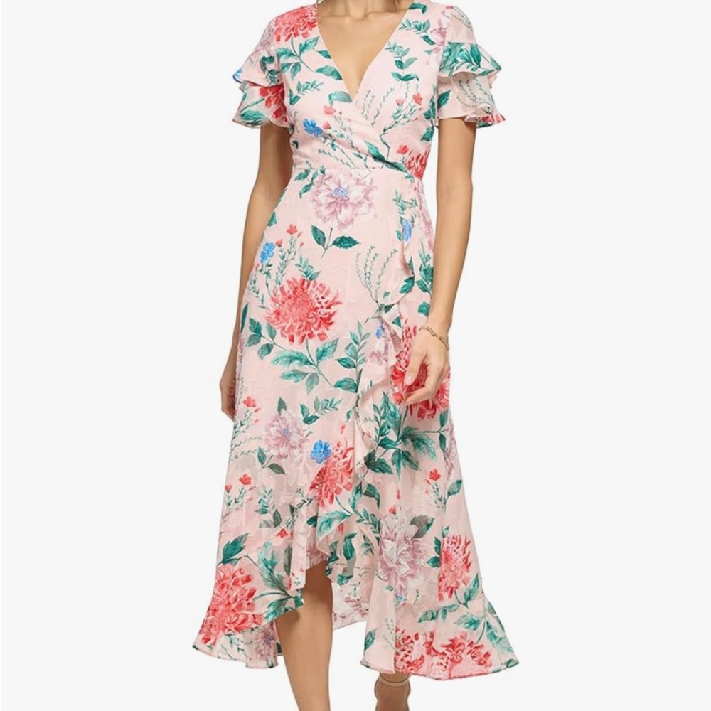 Kensie Women's Flutter Sleeve Faux Wrap Midi Dress Size 14 Pink floral